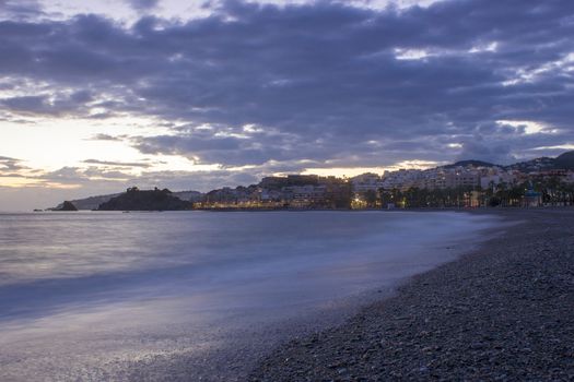 Playa De La Caletilla at sunset, Almunecar, Andalusia, Spain 