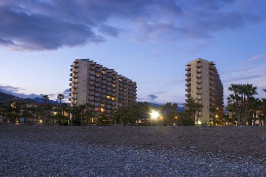 Hotels on the beach, Playa De La Caletilla at sunset, Almunecar, Andalusia, Spain