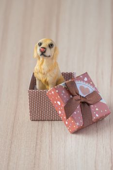 Dog in a gift box on a wooden floor. holiday background. gift background