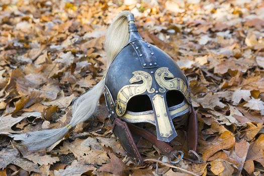 Old forged Viking helmet on a leaf.