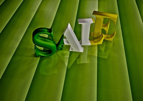 The dimensional word sale on a green background
