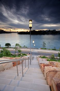 The steps of Barangaroo at dusk