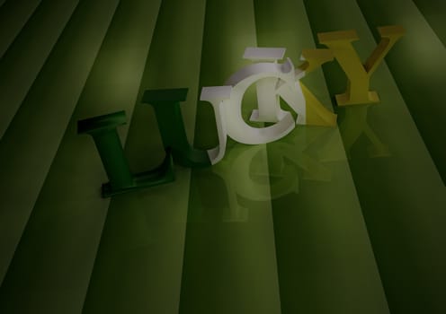 Dimensional inscription of LUCKY on green background.