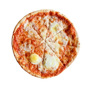 Pizza carbonara top view with scrambled egg, isolated on white background, clipping path included.