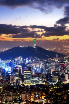 View of downtown cityscape and Seoul tower in Seoul, South Korea.