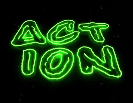 3d render action neon sign isolated on black background