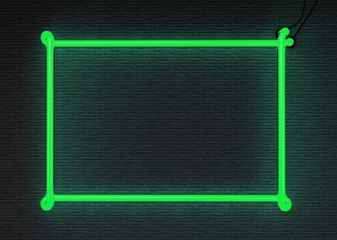 3d render green neon frame isolated on black brick wall background