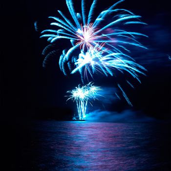 Blue and red colorful holiday fireworks on the black sky background.