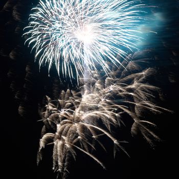 Blue colorful holiday fireworks on the black sky background.