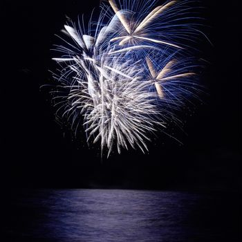 Blue and red colorful holiday fireworks on the black sky background.