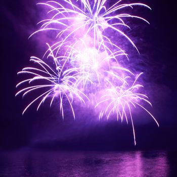 Blue colorful fireworks on the black sky background