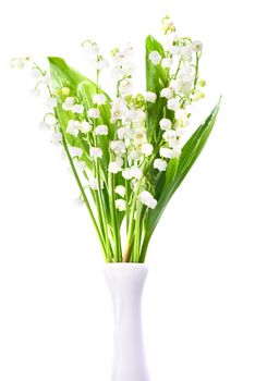 White flowers lilies of the valley in the vase isolated on white background