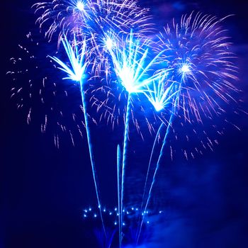 Blue colorful fireworks on the black sky background