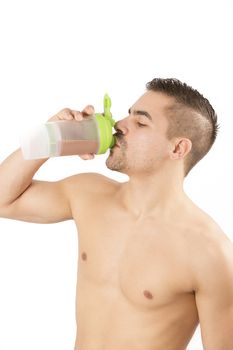 sport, fitness, healthy lifestyle and people concept - close up of man with jar and bottle preparing protein shake