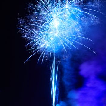 Blue colorful fireworks on the black sky background