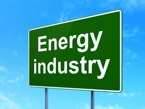 Manufacuring concept: Energy Industry on green road highway sign, clear blue sky background, 3d render