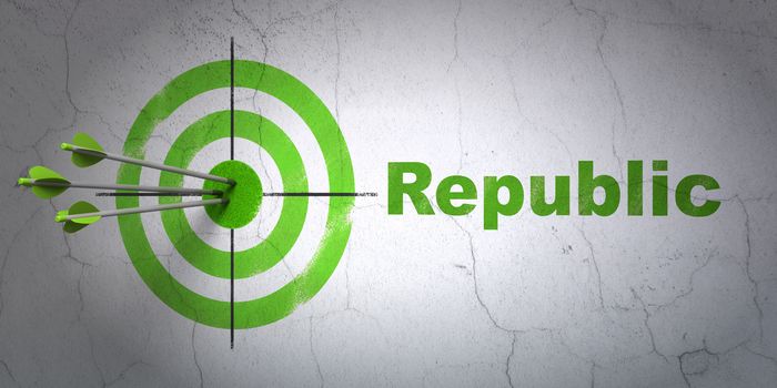 Success politics concept: arrows hitting the center of target, Green Republic on wall background