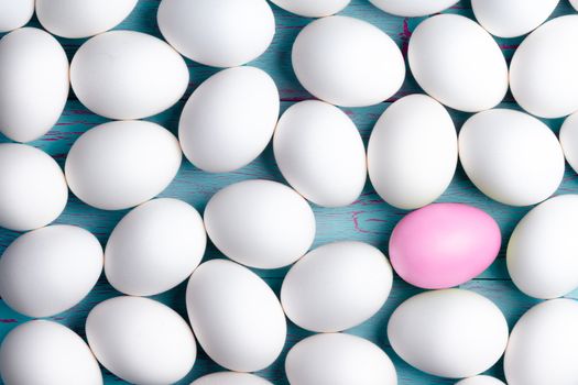 Large number of sugar-coated white Easter eggs with one pink one amongst them displayed as a layer on a blue table, conceptual image in a full frame view
