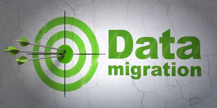 Success Information concept: arrows hitting the center of target, Green Data Migration on wall background