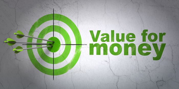 Success banking concept: arrows hitting the center of target, Green Value For Money on wall background