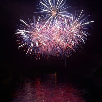 Colorful holiday fireworks on the black sky background.