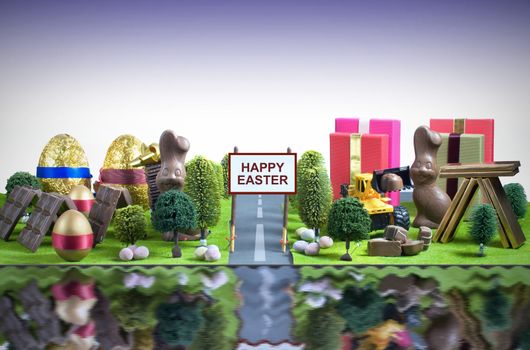 Miniature town made from chocolate, easter eggs and gifts 