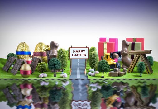 Miniature town made from chocolate, easter eggs and gifts 