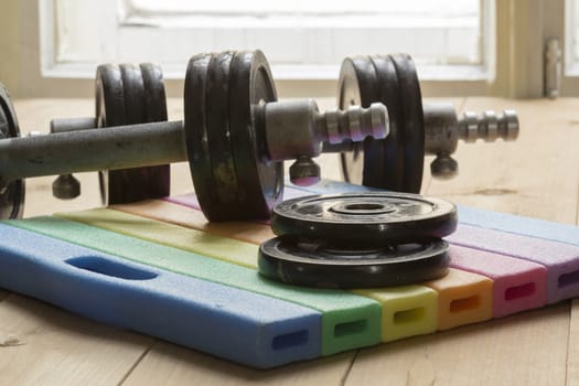 Sports dumbbells and black pancakes on striped rug