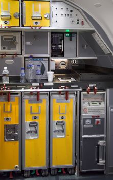 Singapore - February 16, 2016: Galley of a Boeing 787-9 Dreamliner in the livery of no frills Singapore airline Scoot during Singapore Airshow at Changi Exhibition Centre in Singapore.