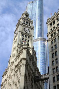 Wrigley Building and Trump Tower as seen from Michigan Avenue in Chicago.