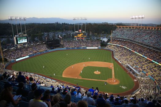 A Dodgers baseball game at Dodger Stadium.