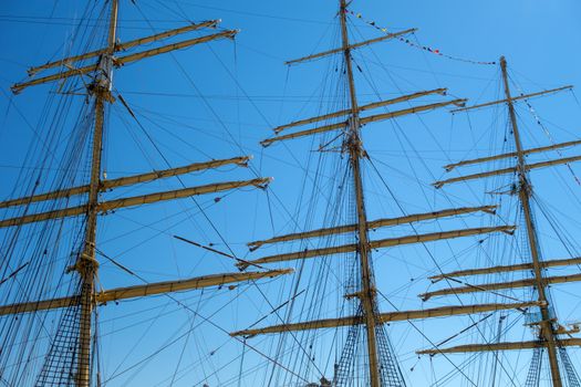 Marine rope ladder at pirate ship. Sea hemp ropes on the old nautical vessel.