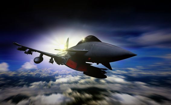 Military jet flying during sunrise with blur motion background