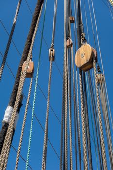 Marine rope ladder at pirate ship. Sea hemp ropes on the old nautical vessel.