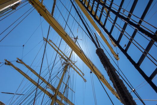 Marine rope ladder at pirate ship. Sea hemp ropes on the old nautical vessel.