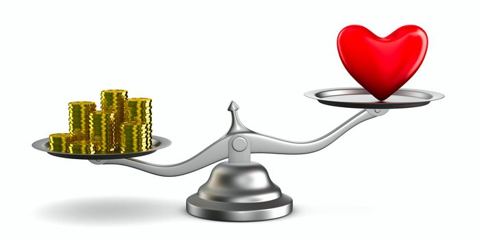 Heart and money on scales. Isolated 3D image