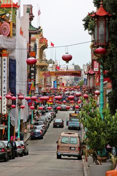 San Francisco, USA - September 15, 2011: Cars parked on the street in the Chinatown district of San Francisco.