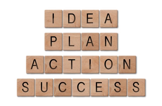 Wooden letters spelling idea, plan, action, success on white background