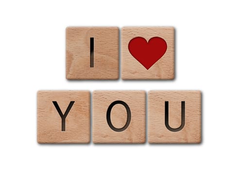 Wooden letters spelling i love you on white background