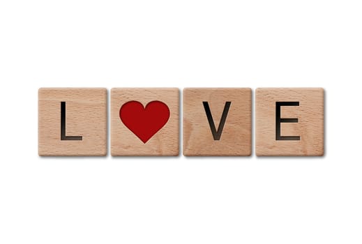 Wooden letters spelling love on white background