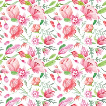 Seamless spring eco texture with red and pink tulips on white background