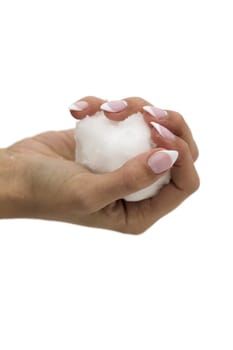 woman's hand with a lump of snow on Palm, isolated on white background