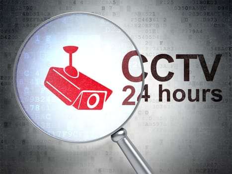 Privacy concept: magnifying optical glass with Cctv Camera icon and CCTV 24 hours word on digital background