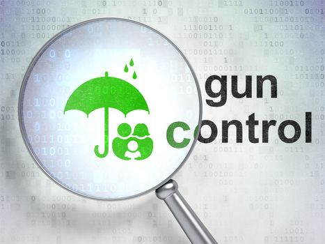 Safety concept: magnifying optical glass with Family And Umbrella icon and Gun Control word on digital background