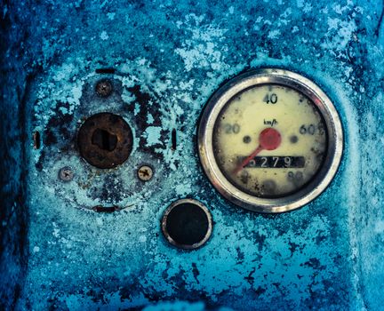 Grungy Dashboard Of A Vintage Blue Scooter Or Moped