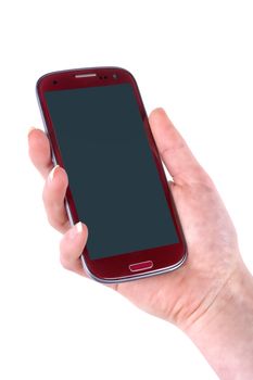 Red mobile in woman hand isolated on a white background