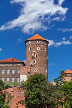 view on Wawel  Royal Castle with Sandomierska tower in Cracow in Poland