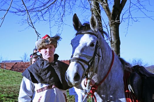 Peasants' revolt a.d. 1573., warrior with his horse, reenactment of the final battle, 23, Donja Stubica, Croatia, Europe, 2016.