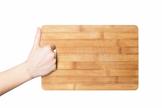 woman hand holding chopping board isolated on white background