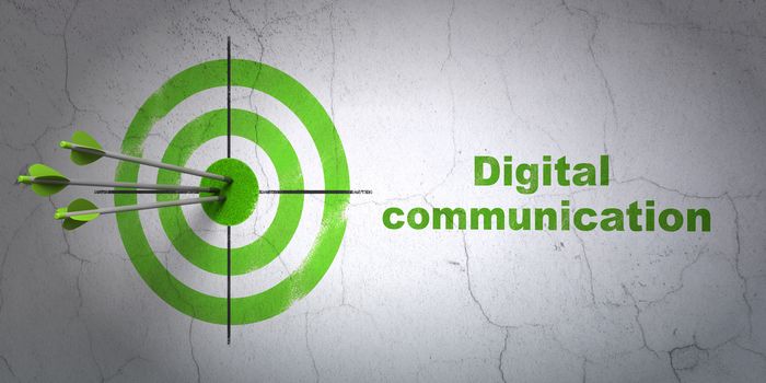 Success Information concept: arrows hitting the center of target, Green Digital Communication on wall background